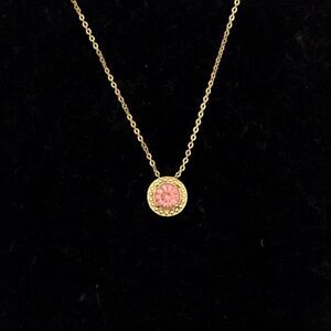 Faux Pink Sapphire Solitaire Halo Style Pendant Necklace Gold Tone OSFM